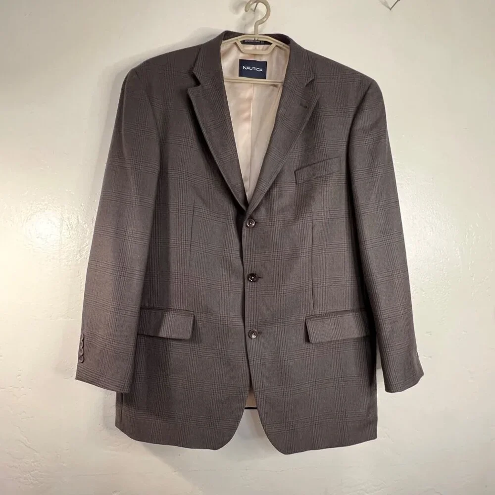Nautica Mens Gray Tweed Plaid Wool Cashmere Blazer Jacket 46L Superior Tailoring